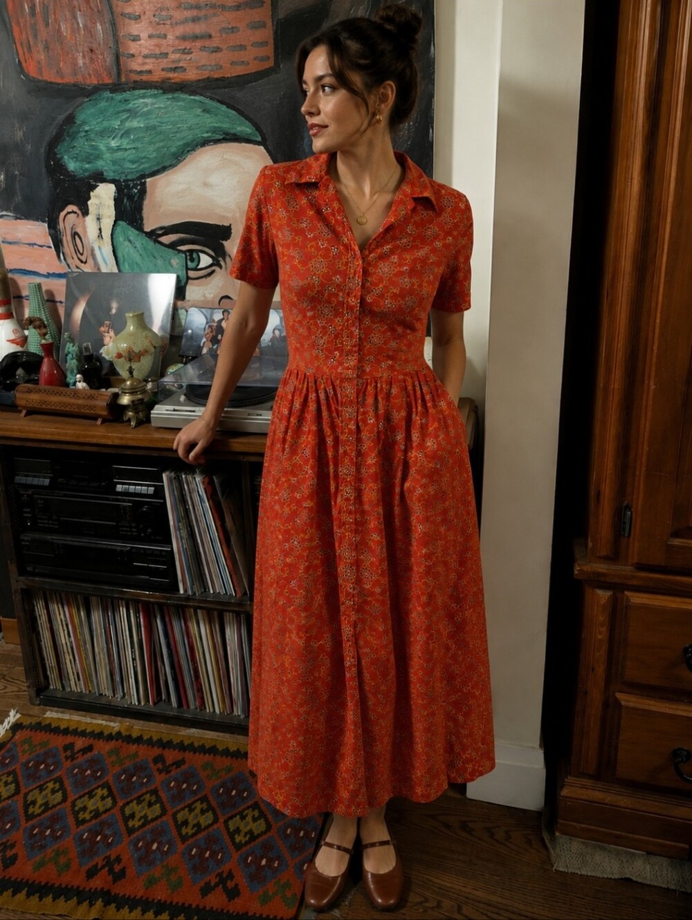 Vintage Christy Dawn Style Cotton Doen Dress Ditsy Print Floral Summer Red